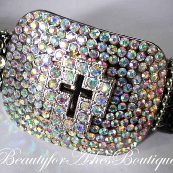 Western Black Bling Cross Belt & Buckle Aurora Borealis AB Crystal Accent ML - Picture 11 of 11